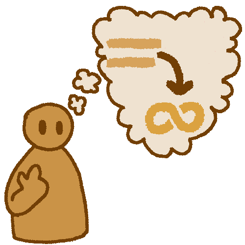 A drawing of a yellow person pointing at themself. From their head is a pale yellow thought bubble and in it is a yellow equal symbol with an arrow pointing to an autism infinity symbol.